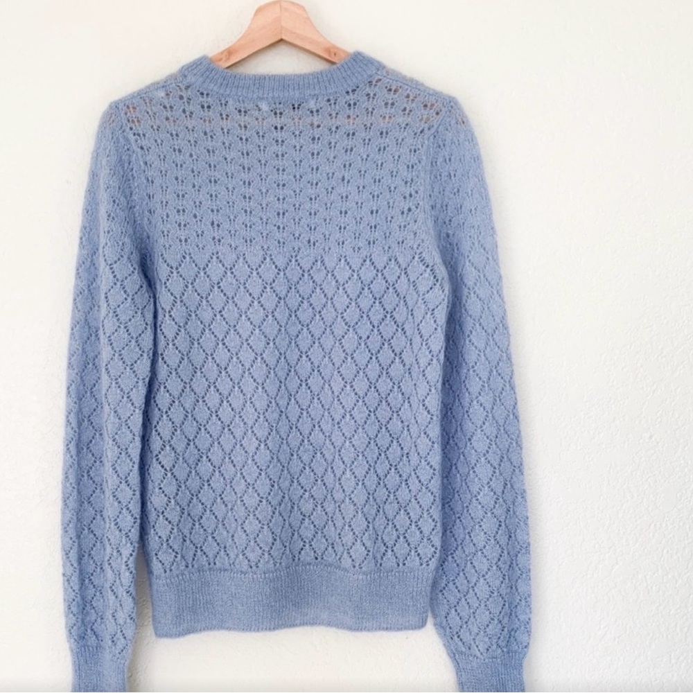 Sandro Paris  Women's Light Blue Pointelle Crewneck Sweater - Soft Knit
